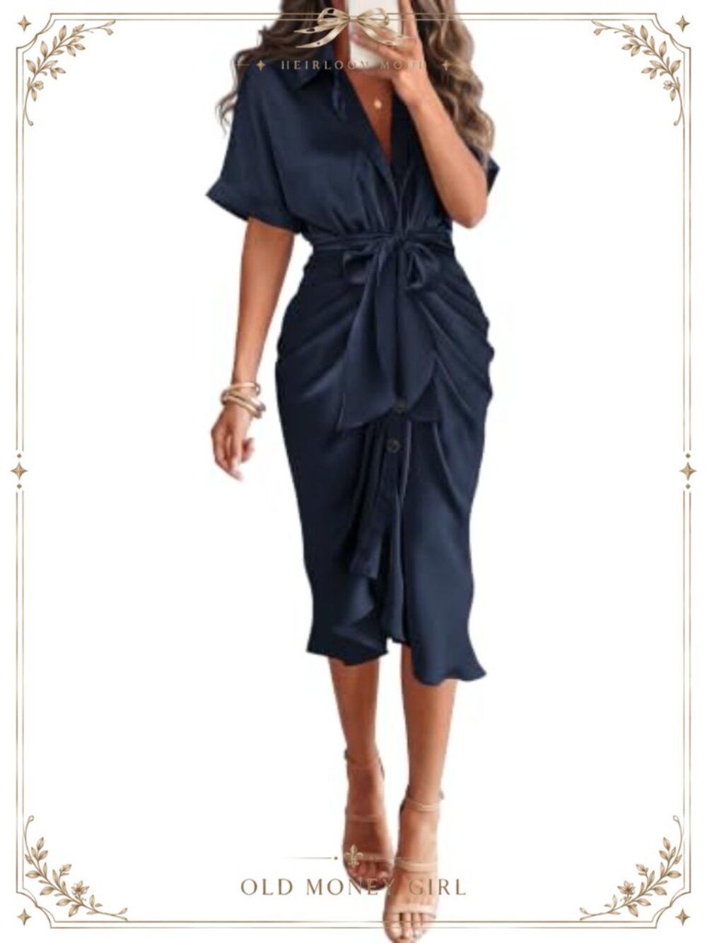 Satin Shirt Dress Short Sleeve Lapel V Neck Tie Waist Ruffle Hem Maxi